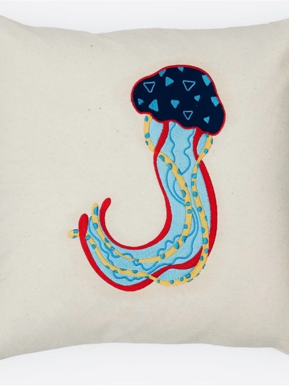 Embroidered Jellyfish Accent Pillow - Blue, Navy & Red